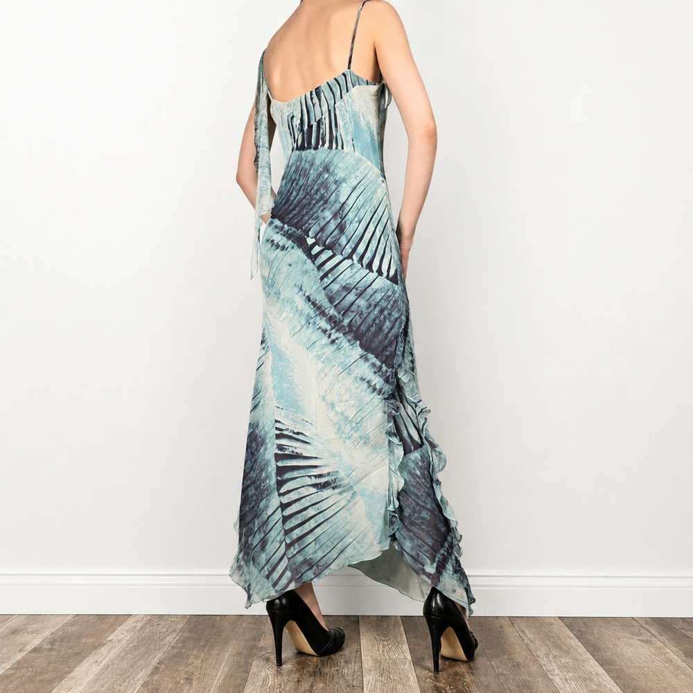 Y2K Euro Blue Midi Fairy Asymmetrical Dress Abstract Ruffle Italy Size 10 Resort